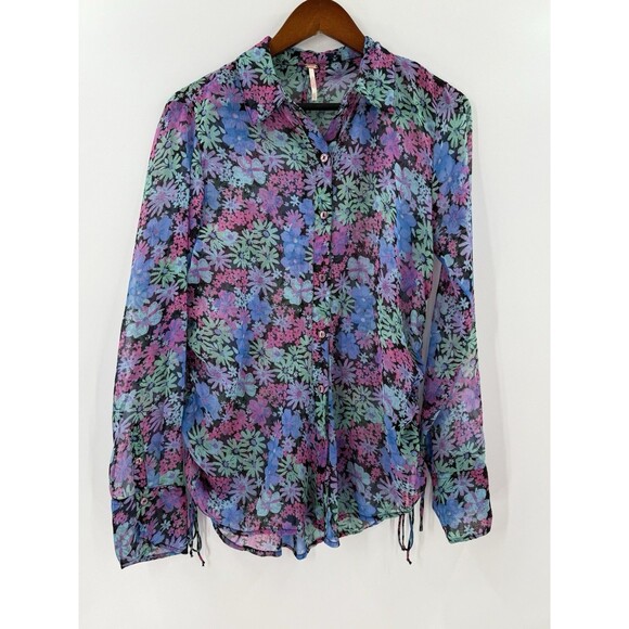 Free People Mathilda Sheer Floral Long Sleeve Button Up Blouse Side Ties SMALL - Picture 6 of 13